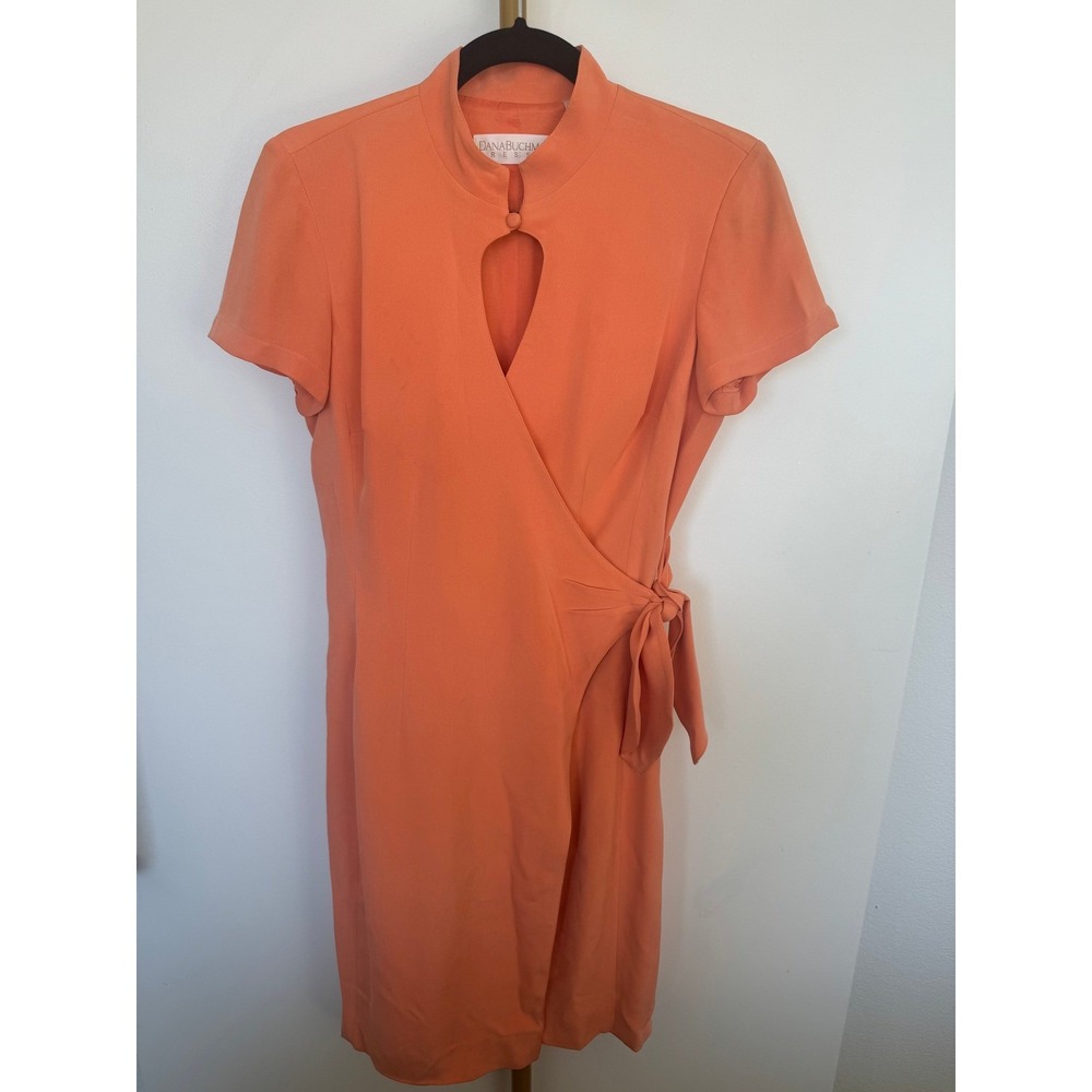 Dana Buchman 100% Silk Coral Wrap Dress Keyhole Mandarin Collar Size 2